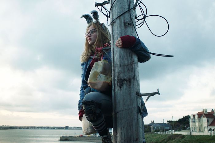 Barbara, with bunny ears on her head and a plastic jug with a mysterious liquid, looks into the distance from atop a telephone pole she has climbed.